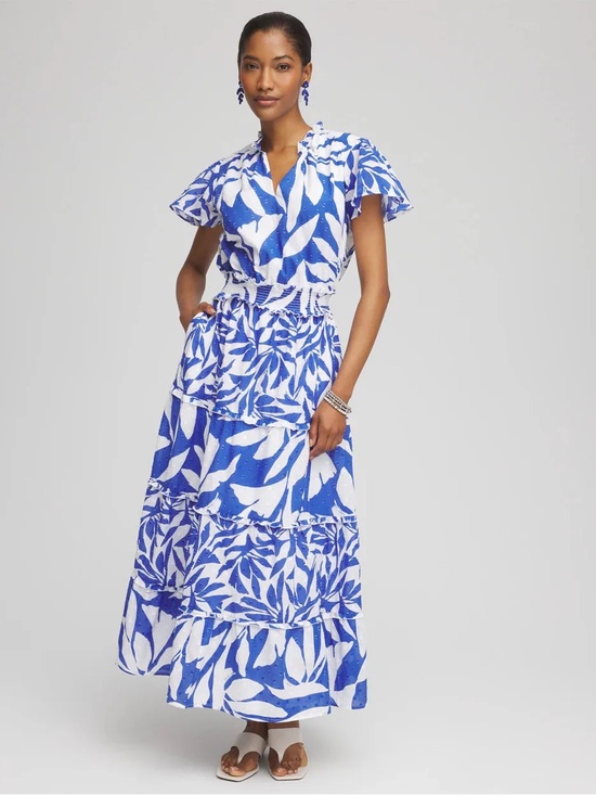 Chico's Dresses & Skirts - Chico's Flutter Sleeve Blue White Tropical Maxi Dress Size 2 US 12 Cotton Resort